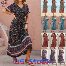 Women's Boho Floral Maxi Long Dress Summer Beach Party Holiday Loose Sundress US