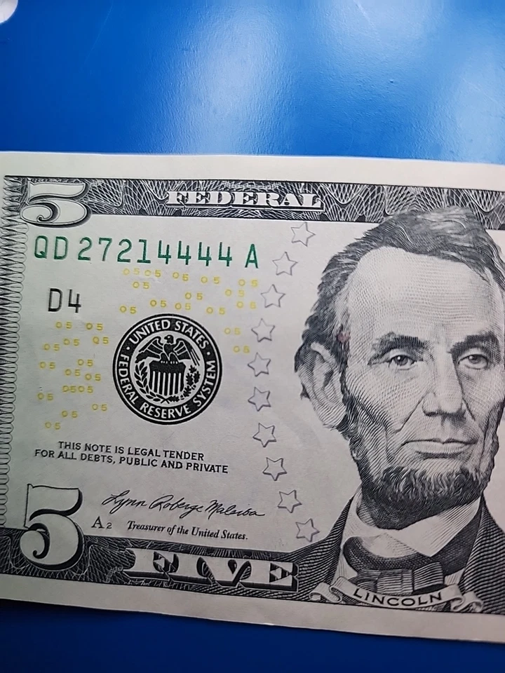 2021 $5 Dollar Banknote "Four 4's In A Row QD 27214444 A - Image 3 of 4