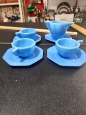 vintage akro Agate blue slag childs tea set octagon 3 cups four plates Creamer