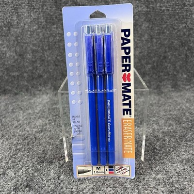 Vtg Paper Mate Eraser Mate 3 Pack 2001 Erasable Blue Ink Pen Medium Point NOS