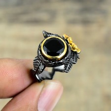 Black Onyx Black And Gold Plated 925 Sterling Silver Ring S.8 R8732