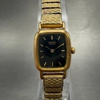 Seiko Watch Women 17mm Black Dial Gold Tone Rectangle 1N00-5K29 New Battery VTG