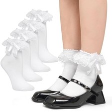 Lace Ruffle Socks Women, White Frilly Socks with Bow Ankle 2 White 2 Pairs