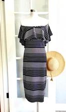 Romeo & Juliet Black & white stripe off the shoulder stretchy knit dress Sm