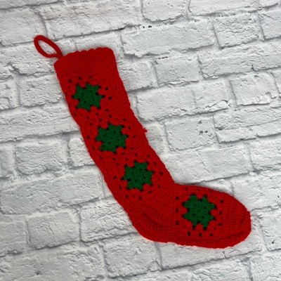 Christmas Stocking Granny Square Handmade Red Green Crochet Knit