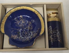 Vintage Japanese Colbert Blue with Gold Trim Ceramic Ashtray & Table Lighter Set