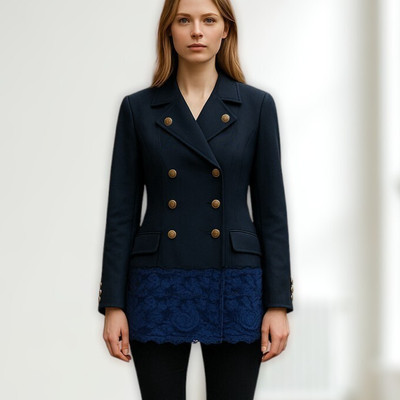 Gerard Darel Womens Peacoat 100% Wool Lace Trim Navy Coat Size 40 Bronze Buttons