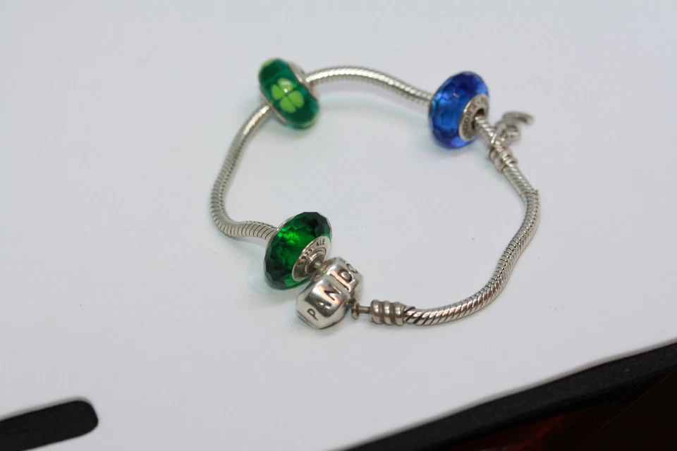 Pandora 925 Sterling Silver 4H 3 Blue Green Irish Charm Snake Chain 7" Bracelet  - Image 3 of 4