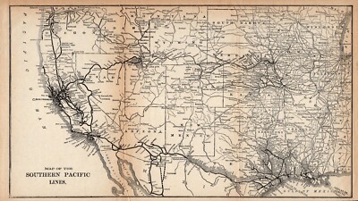 1912 Antique SOUTHERN PACIFIC Lines Railroad Map Vintage Railway Map #1967