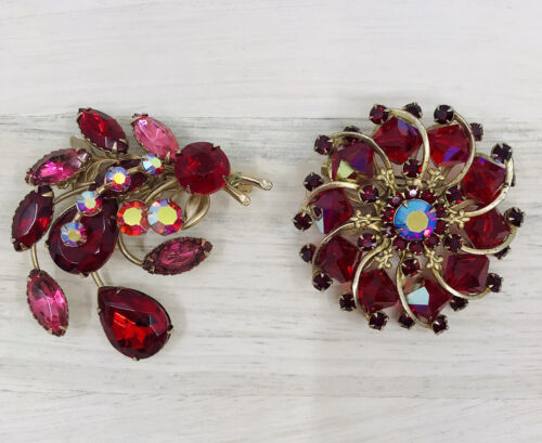 2 - VINTAGE RED PINK AB RHINESTONE NAVETTE BEAD STATEMENT PIN BROOCHES Unmarked