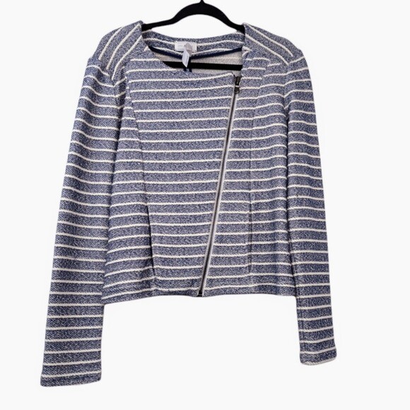 Lou Grey Pointe Knit Navy Ivory Striped Asymmetrical Zip Jacket Women's  Med