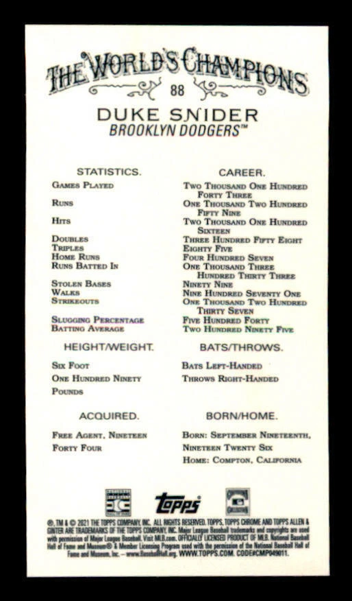 2021 Topps Allen and Ginter Chrome Mini #88 Duke Snider (ref Y02129) - Image 2 of 2