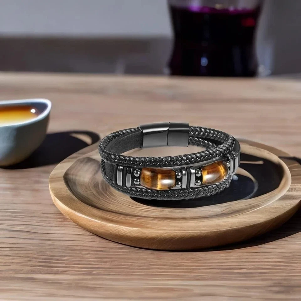 Pulsera Ojo de Tigre Cuero Negro Hombres Energía Cristal Piedra Curación Reiki Regalo Foto 3 de 4