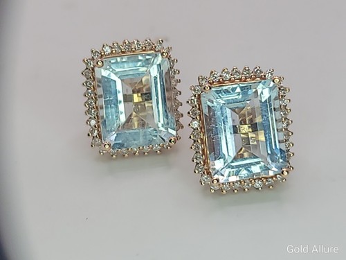 Spectacular Natural Aquamarine & Diamond Stud Earrings In 14ct Gold - Picture 19 of 19