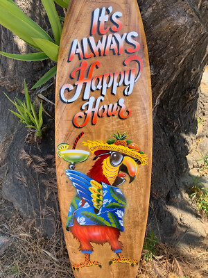 It s  Always Happy Hour  Tropical Drinking Party Parrot Airbrushed Surfboard