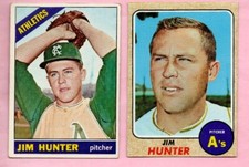 Jim Catfish Hunter 1966 & 1968 Topps 2 card lot Kansas City A's no creases