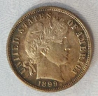 Antique 1899-S Barber 10c US Silver Dime Lovely Toning, AU+ Toner