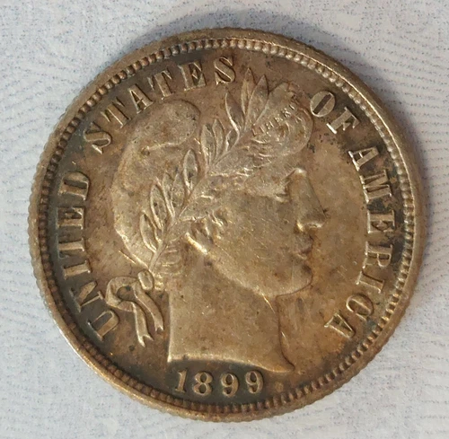 Antique 1899-S Barber 10c US Silver Dime Lovely Toning, AU+ Toner