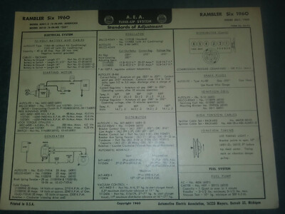 1960 RAMBLER AND AMERICAN 6CYL ENGINE MODELS A.E.A TUNE-UP CHART / VALVE IN HEAD