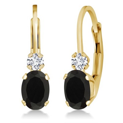 14K Yellow Gold Onyx and Diamond Leverback Earrings For Women | 0.85 Cttw |