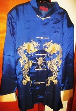 VINTAGE BLUE SATIN CHINESE ROBE JACKET WITH EMBROIDERED DRAGONS XXXL