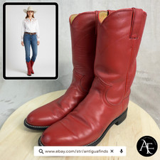 JUSTIN ROPER Women's Western Boots Sz. 5.5B Red Leather Mid-Calf Pull-On Cowgirl