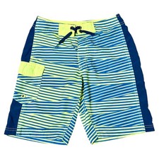 Puma Boys Neon Yellow Blue Striped Board Shorts Swim Trunks Size Size-8 Unlined