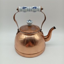 Vintage Copper (Plate) Kettle With Blue & White Ceramic Handles