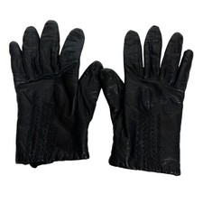 Van Raalte Black Leather Gloves 1980s Vintage Medium Knit Lining Vintage Retro