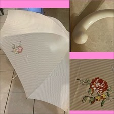 Vintage Tan Striped White OVERSIZED French DEMI-JOUR PARASOL UMBRELLA Celluloid 