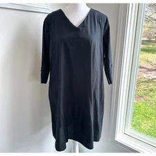 Oak + Fort Lagenlook Cottage Oversized XS Black Cotton Shift Dress Pockets 