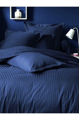 Queen Satin Duvet Cover Set Navy Blue   Luxury Stripe Bedding Set 4 pcs   Soft S