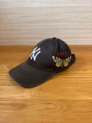 GUCCI NY New York Yankees Baseball Cap Butterfly Hat Cotton Black Logo