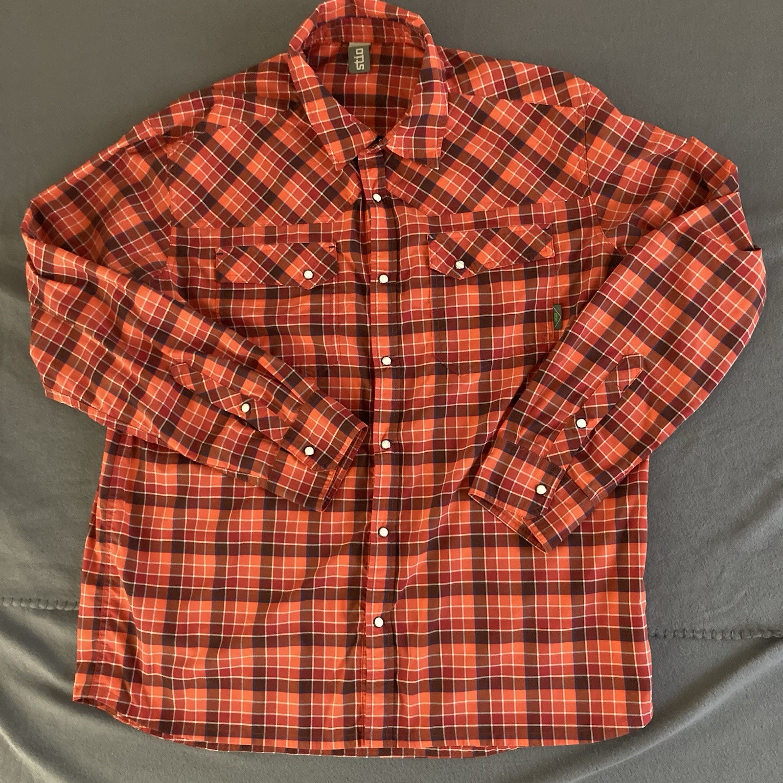 Stio Shirt Mens XL Orange/Red Plaid Eddy Pearl Snap Flap Pockets Hiking Long Slv