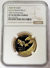 2020 W GOLD $25 END OF WW II 75TH ANNIVERSARY 1/2 OZ COIN NGC PROOF 69 UC 5820.00 per troy oz