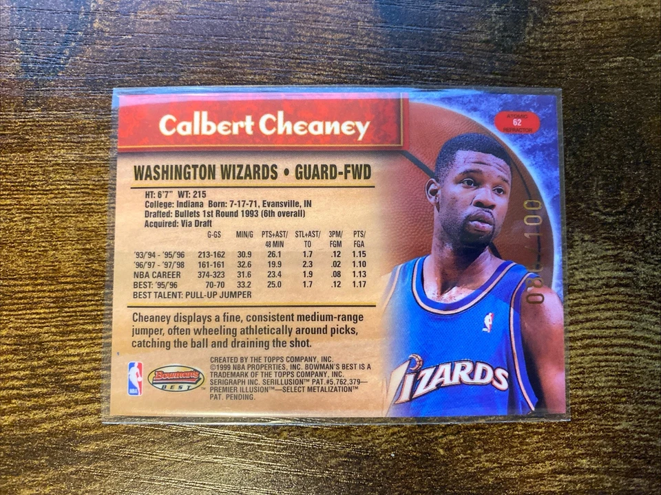 1998-99 Bowman’s Best Calbert Cheaney Atomic Refractor /100 #62 Wizards  - Image 2 of 2