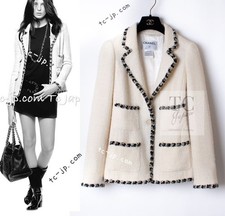 CHANEL 06A Ivory Black Trimming Wool Tweed Jacket CC Logo Karl Lagerfeld 38 US6