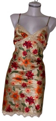 Vtg 90s Womens Brown Floral Lace Babydoll Coquette Dollete Night Slip Dress Sz L