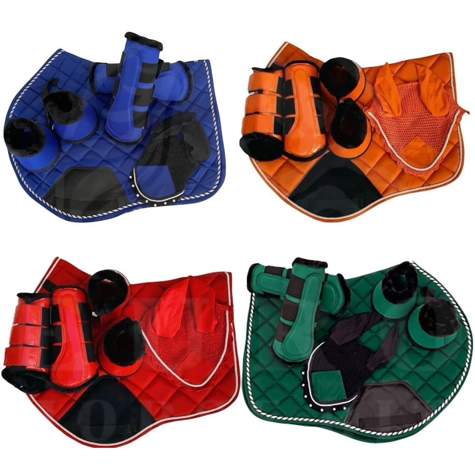 Juego de almohadillas para silla de montar ecuestre con capó para orejas a juego, botas de cepillado y botas de campana Foto 2 de 2