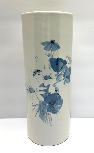 Vintage Royal Haeger USA White and Blue Floral Pottery Vase 10 1/2" Tall