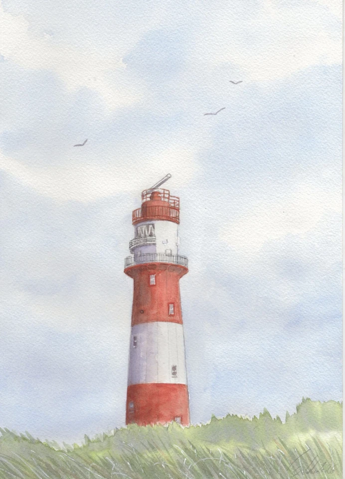 Original Aquarell -Nordsee,Ostfriesische Insel, - Elektrischer Leuchtturm Borkum - Bild 1 von 1