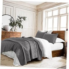 100 Cotton Quilt Set Size Pre-Washed 3-Piece Bedspread King Dark Grey