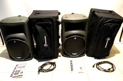 One Pair Mackie SRM 450 Powered Active PA Speakers W/Mackie Gig Bags, Cords, Man