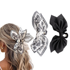 Bow Hair Claw Clips 2PCS Large Satin Black White Strong Hold for Thick Hair