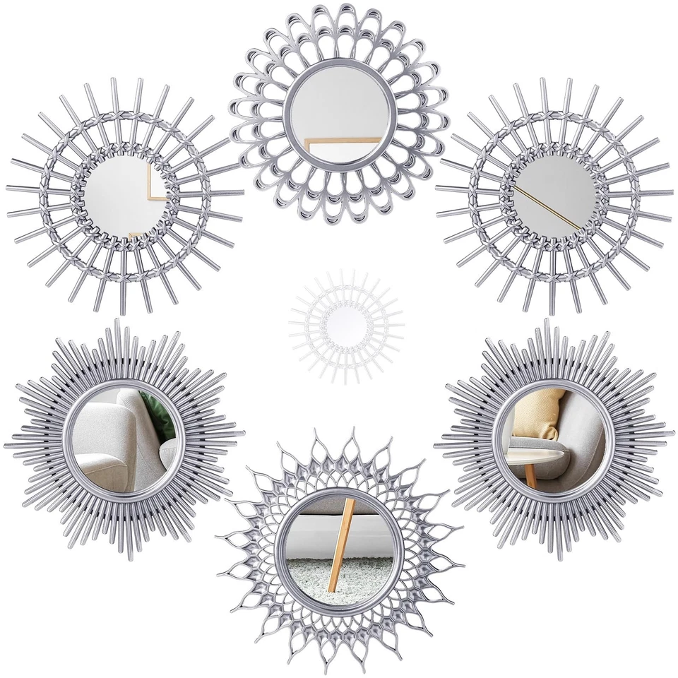 6-Pcs Small Circle Sun Mirrors for Decorative Wall Art Silver Classic - Image 3 of 4