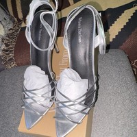 Wheres That From Silver Metallic PU Strappy Stiletto Sandals Ankle Buckle UK7