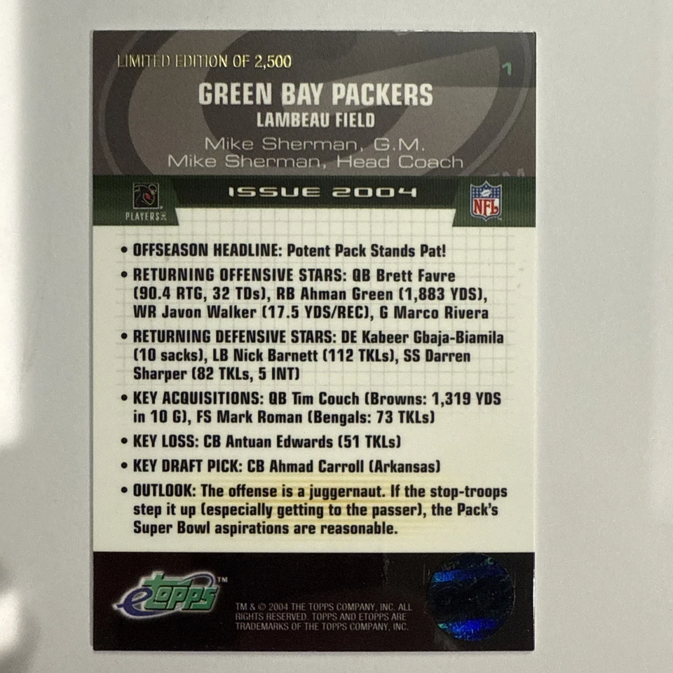 2004 eTopps - Brett Favre, Ahman Green, Donald Driver #1 /2500 - Image 2 of 2