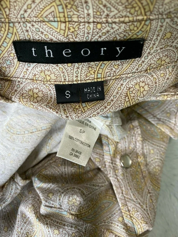 Theory Aqua Pink Yellow Brown Beige Green Paisley Western Pockets Shirt Small - Image 4 of 4