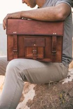 Brown Vintage Distressed Leather Messenger Briefcase Laptop Bag Portfolio Bag