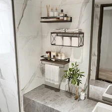 Wall Mounted Wood Bathroom Over Toilet Floating Shelves W/ Paper Storage Basket